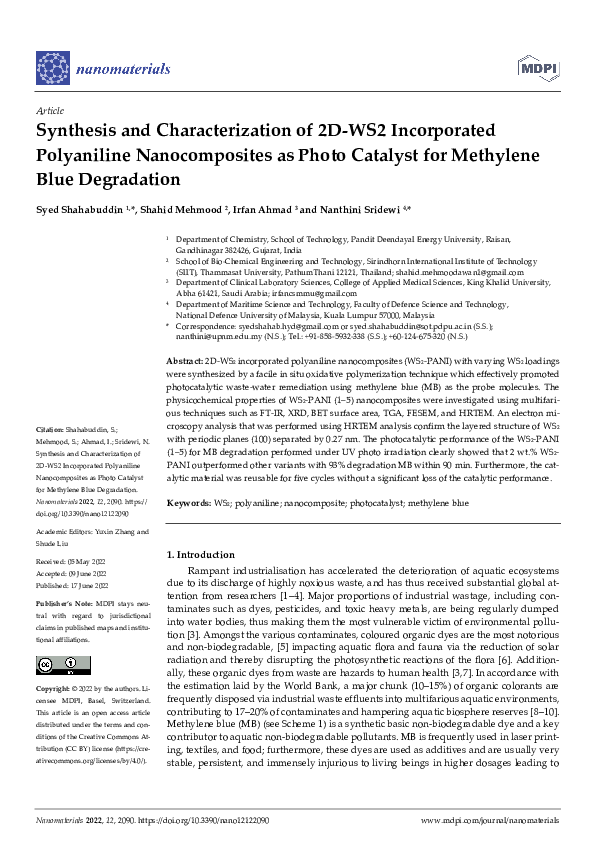 (PDF) Synthesis and Characterization of 2D-WS2 Incorporated Polyaniline ...