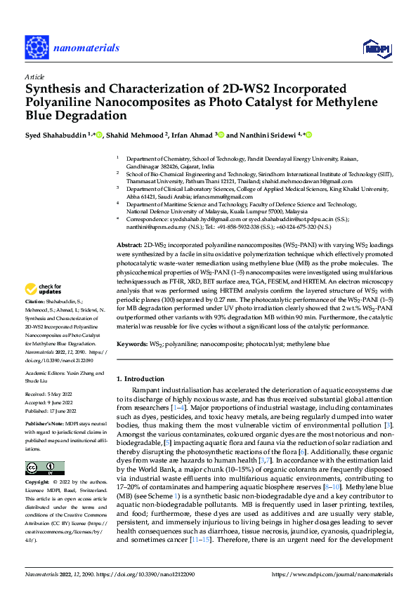 (PDF) Synthesis and Characterization of 2D-WS2 Incorporated Polyaniline ...