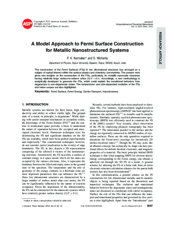 (PDF) A Model Approach to Fermi Surface Construction for Metallic ...