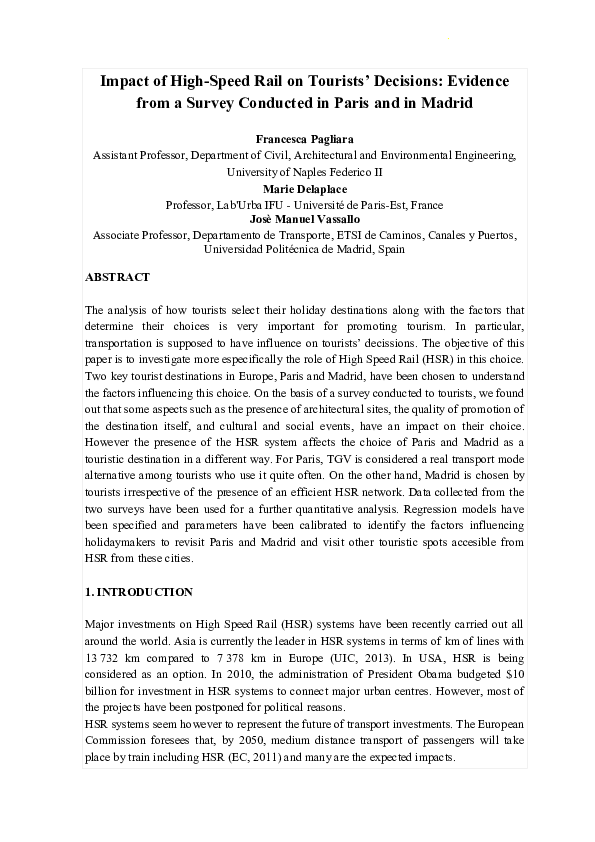 (PDF) Impact of High-Speed Rail on Tourists' Decisions: Evidence from a ...