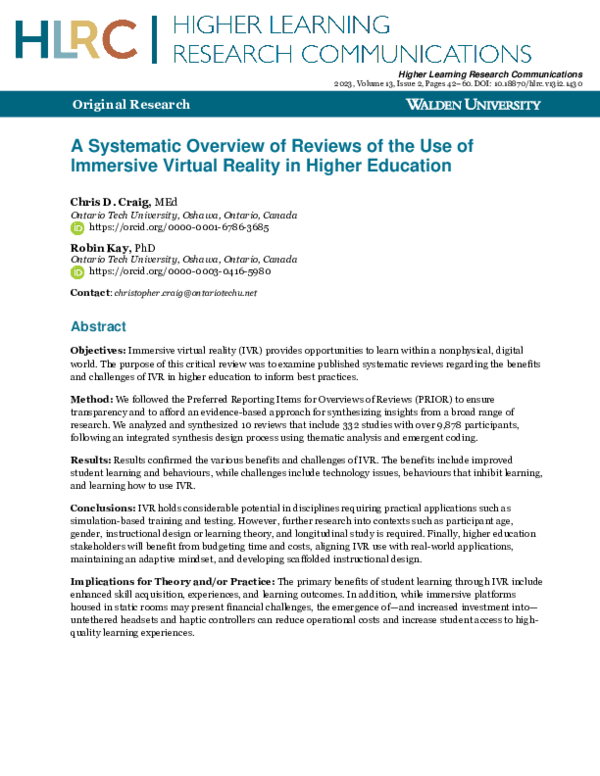 (PDF) A Systematic Overview of Reviews of the Use of Immersive Virtual ...