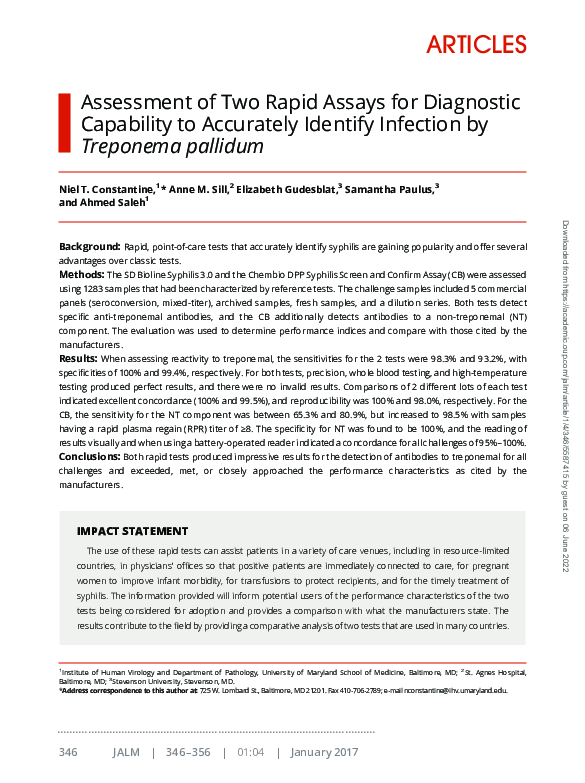 (PDF) Assessment of Two Rapid Assays for Diagnostic Capability to ...