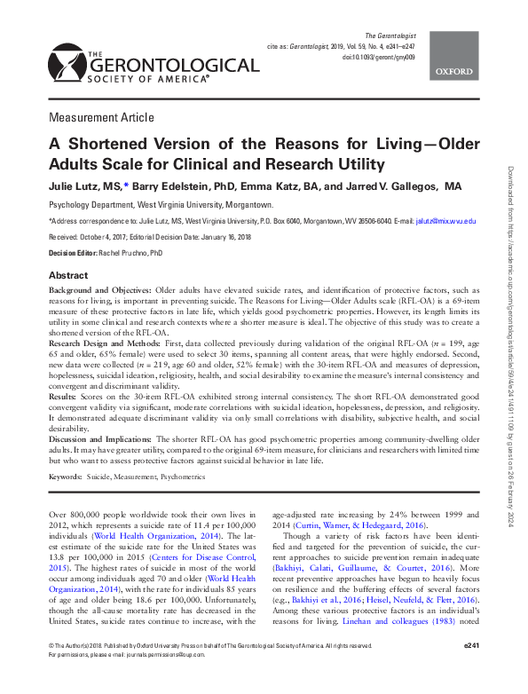 (PDF) A Shortened Version of the Reasons for Living—Older Adults Scale ...