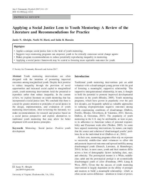 (PDF) Applying a Social Justice Lens to Youth Mentoring: A Review of ...