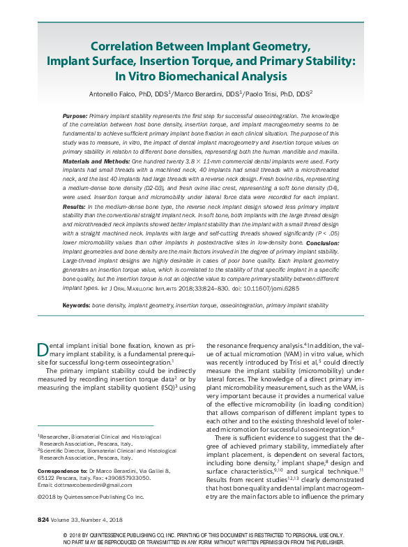 (PDF) Correlation Between Implant Geometry, Implant Surface, Insertion ...