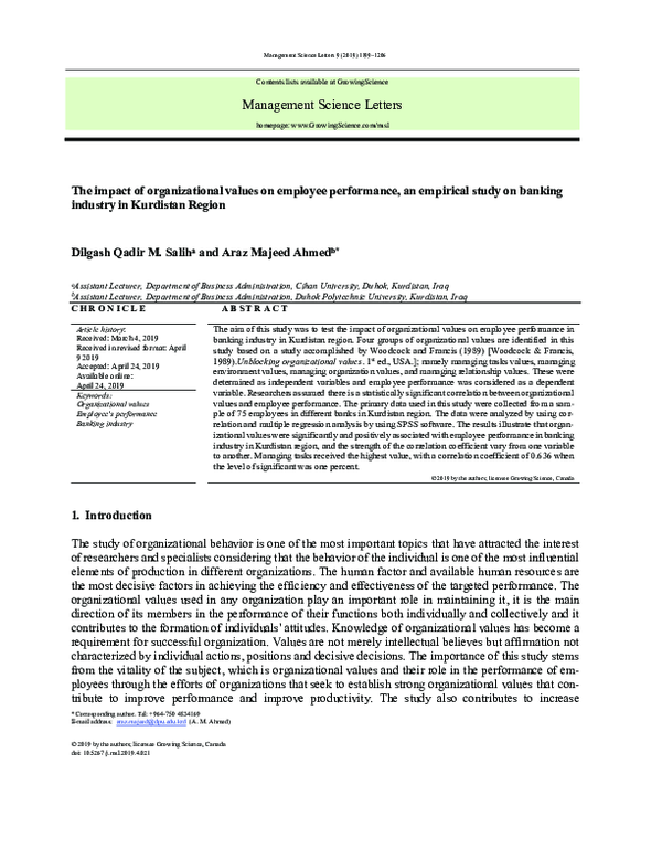 (PDF) The impact of organizational values on employee performance, an ...