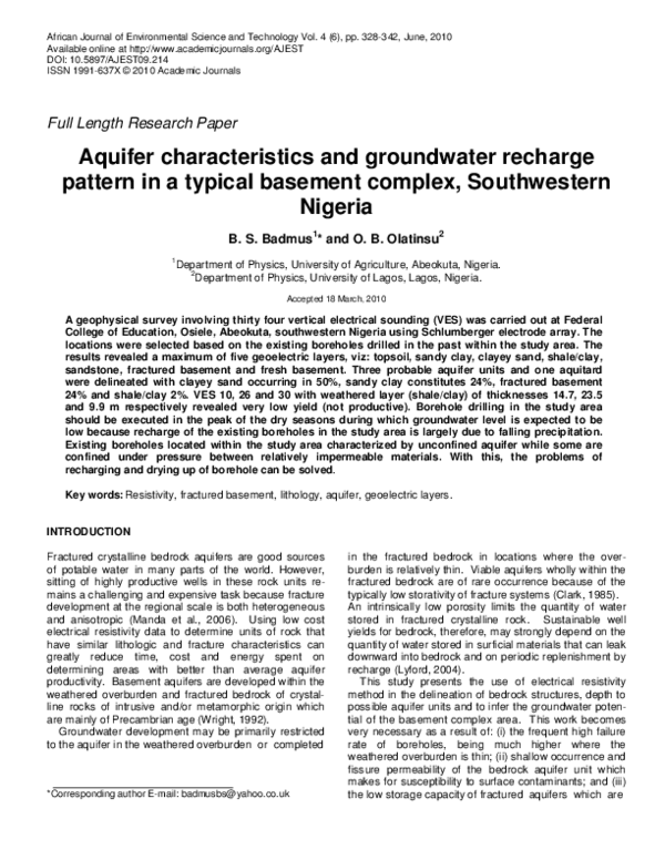 (PDF) Aquifer characteristics and groundwater recharge pattern in a ...