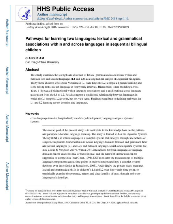 (PDF) Pathways for learning two languages: lexical and grammatical ...