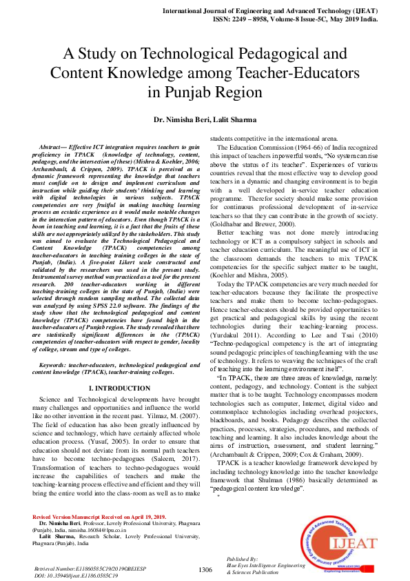 (PDF) A Study on Technological Pedagogical and Content Knowledge among ...