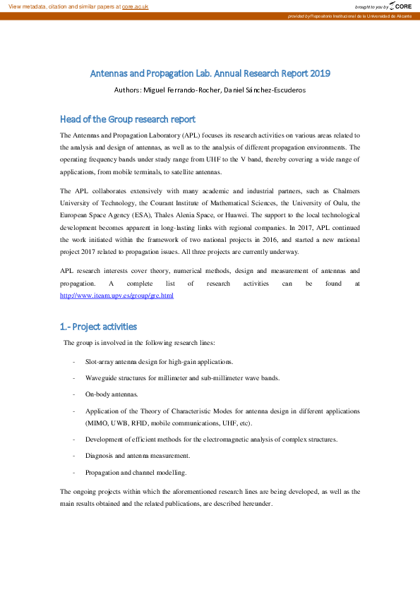 (PDF) Antennas and Propagation Lab. Annual Research Report 2019