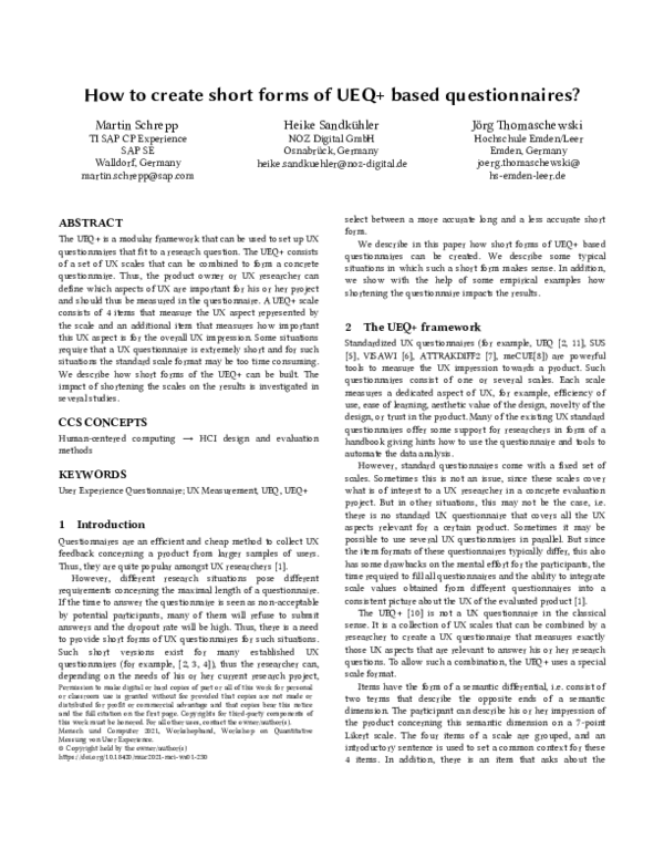 (PDF) How to create short forms of UEQ+ based questionnaires?