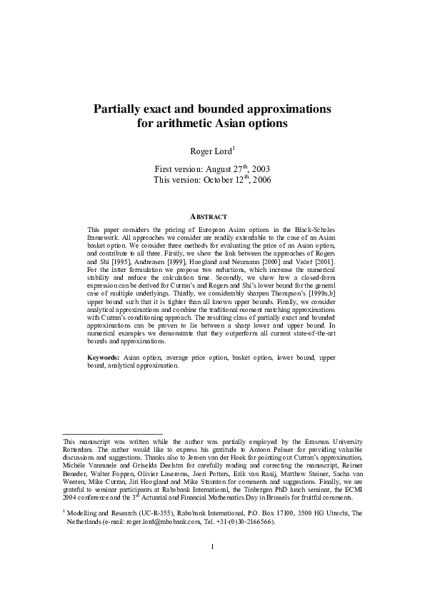 (PDF) Partially Exact and Bounded Approximations for Arithmetic Asian ...