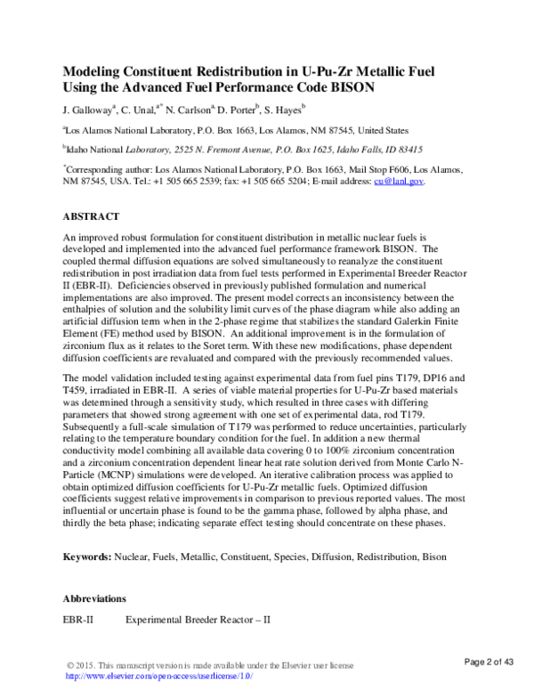 (PDF) Modeling constituent redistribution in U–Pu–Zr metallic fuel ...