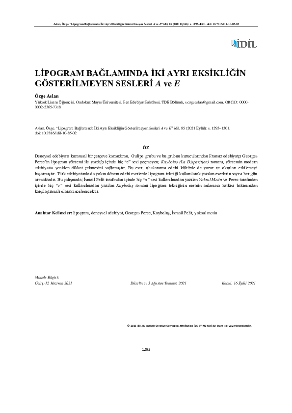 (PDF) LİPOGRAM BAĞLAMINDA İKİ AYRI EKSİKLİĞİN GÖSTERİLMEYEN SESLERİ A ve E