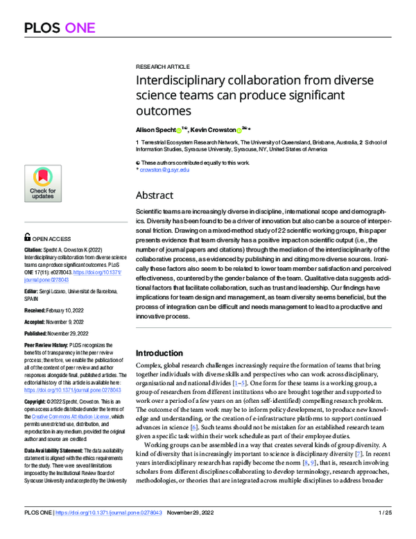 (PDF) Interdisciplinary collaboration from diverse science teams can ...