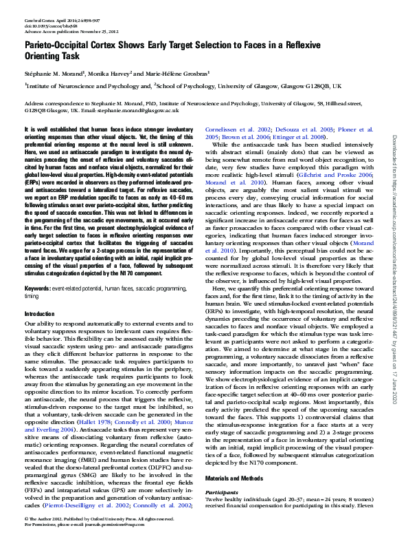 (PDF) Parieto-Occipital Cortex Shows Early Target Selection to Faces in ...
