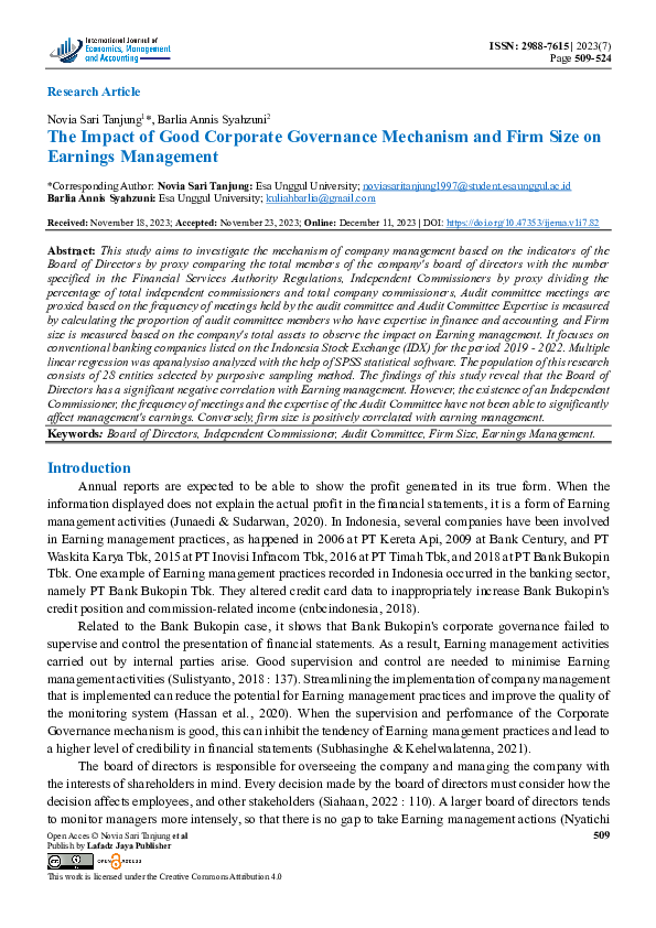 (PDF) The Impact of Good Corporate Governance Mechanism and Firm Size ...
