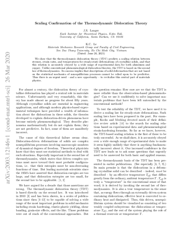(PDF) Scaling confirmation of the thermodynamic dislocation theory