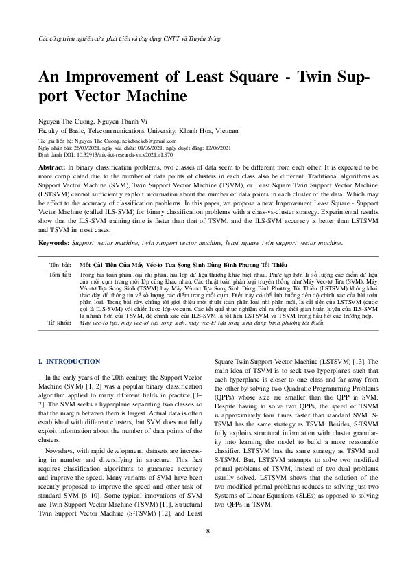 (PDF) An Improvement Of Least Square - Twin Support Vector Machine
