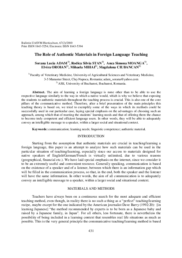 (PDF) The Role of Authentic Materials in Foreign Language Teaching