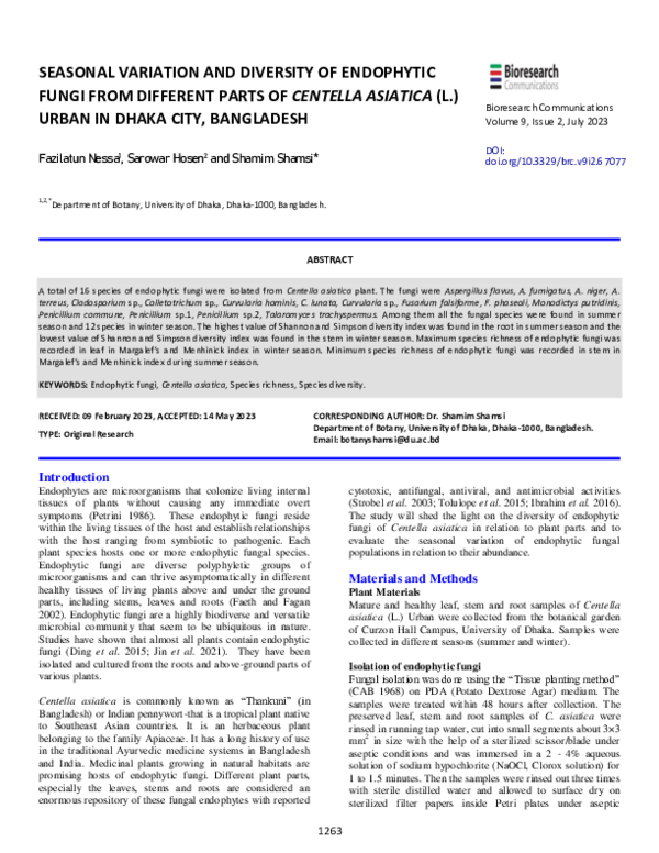 (PDF) Seasonal Variation and Diversity of Endophytic Fungi from ...