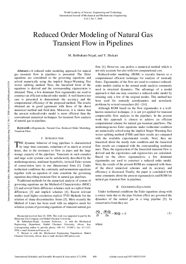(PDF) Reduced Order Modeling of Natural Gas Transient Flow in Pipelines