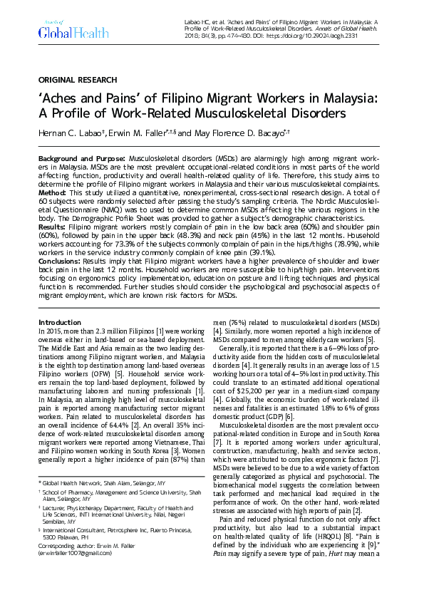 (PDF) ‘Aches and Pains’ of Filipino Migrant Workers in Malaysia: A ...