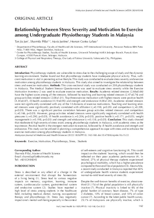 (PDF) Relationship between Stress Severity and Motivation to Exercise ...