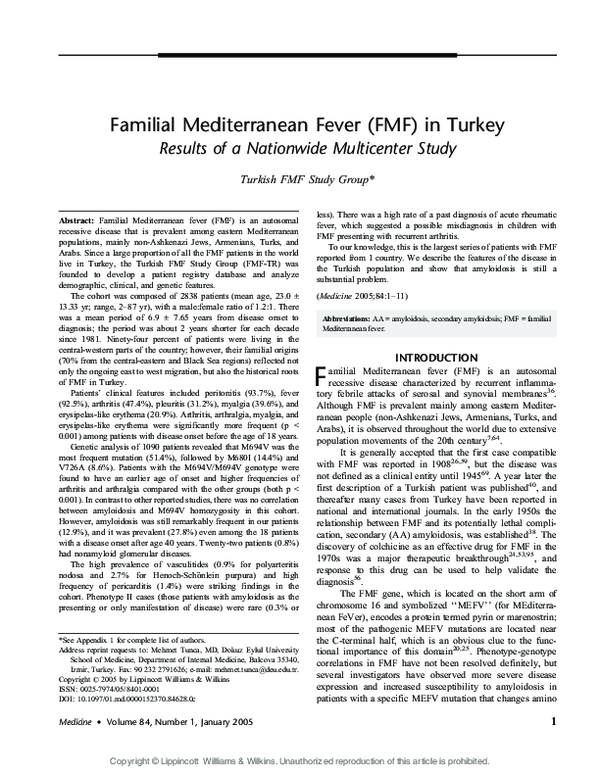(PDF) Familial Mediterranean Fever (FMF) in Turkey