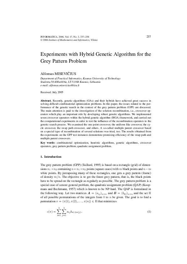(PDF) Experiments with Hybrid Genetic Algorithm for the Grey Pattern ...