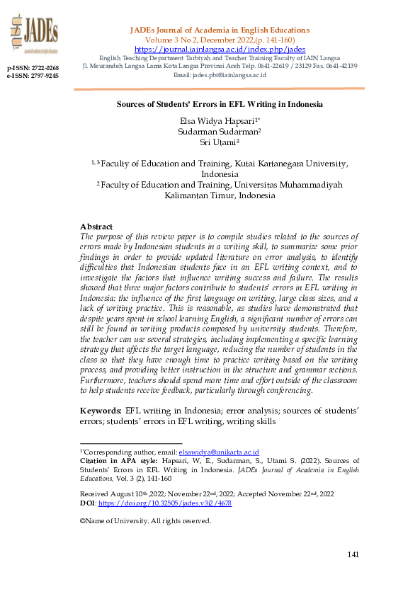 (PDF) Sources of Students’ Errors in EFL Writing in Indonesia