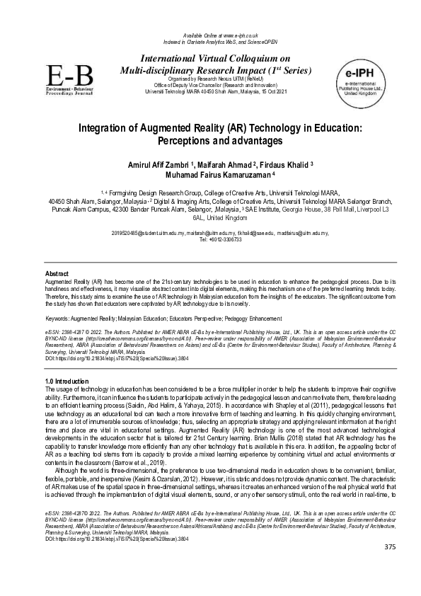 (PDF) Integration of Augmented Reality (AR) Technology in Education ...