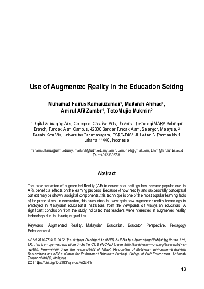 (PDF) Use of Augmented Reality in the Education Setting