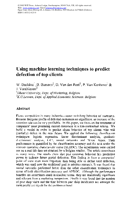 (PDF) Using machine learning techniques to predict defection of top clients