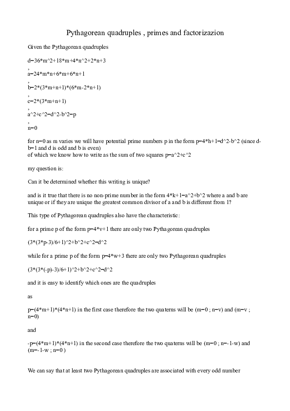 (PDF) Pythagorean quadruples , primes and factorizazion