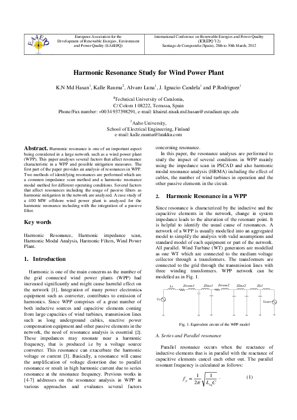(PDF) Harmonic Resonance Study for Wind Power Plant