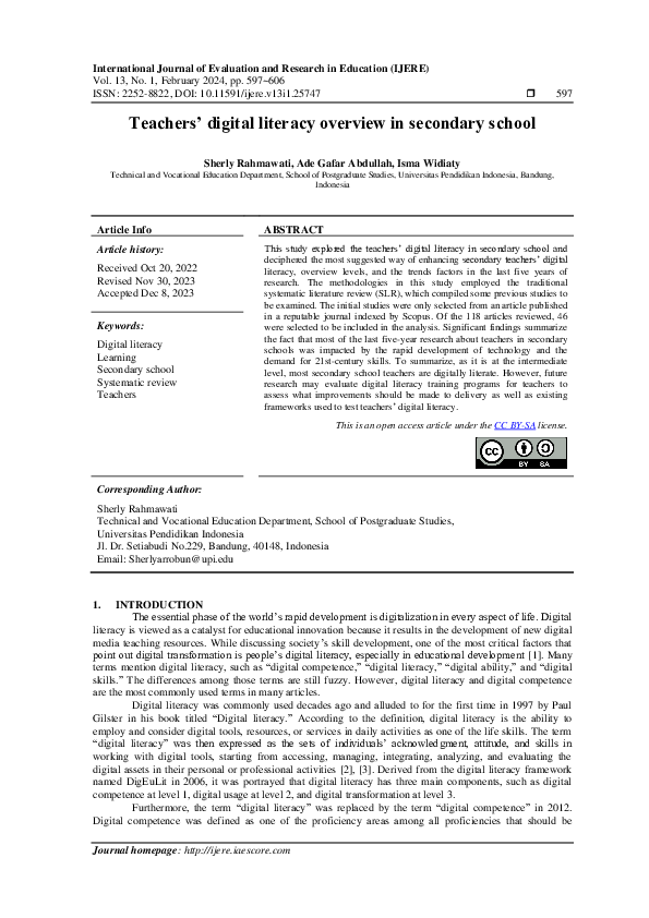 (PDF) Teachers' digital literacy overview in secondary school