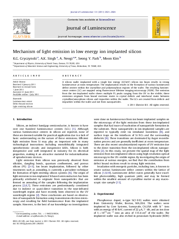 (PDF) Mechanism of light emission in low energy ion implanted silicon