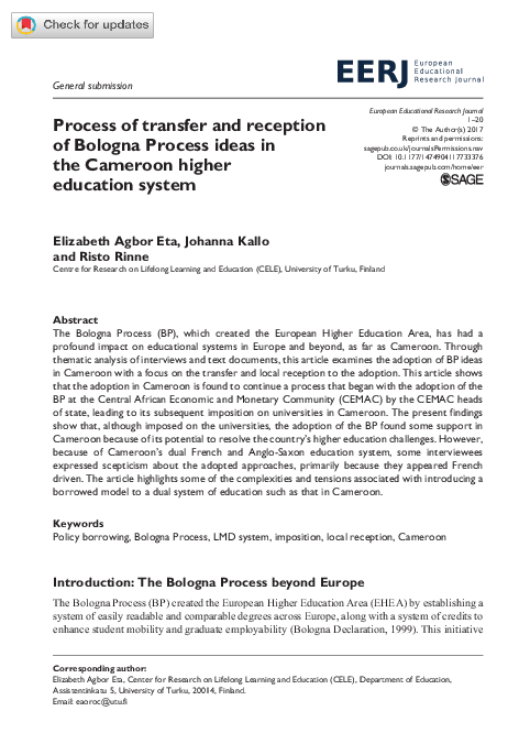 Process of transfer and reception of Bologna Process ideas in the Cameroon higher education system