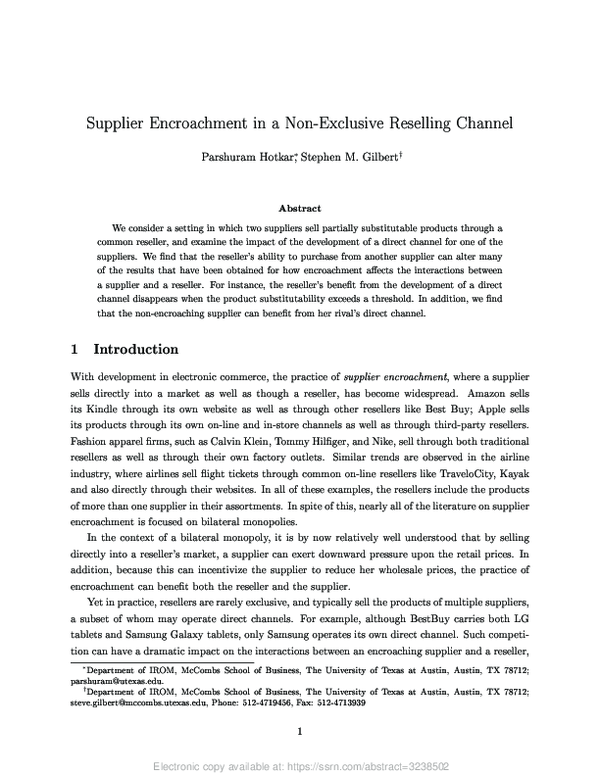 (PDF) Supplier Encroachment in a Non-Exclusive Reselling Channel