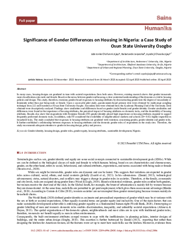 (PDF) Significance of Gender Differences on Housing in Nigeria: a Case ...