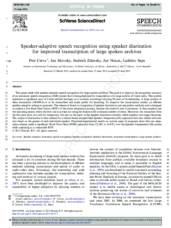 (PDF) Speaker-adaptive speech recognition using speaker diarization for ...