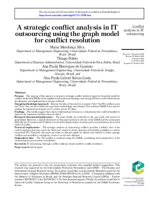 (PDF) A strategic conflict analysis in IT outsourcing using the graph ...