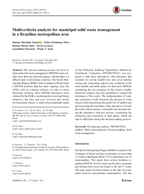 (PDF) Multi-criteria analysis for municipal solid waste management in a ...