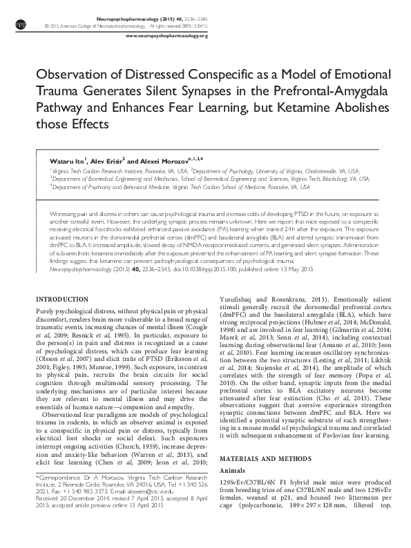 (PDF) Observation of Distressed Conspecific as a Model of Emotional ...