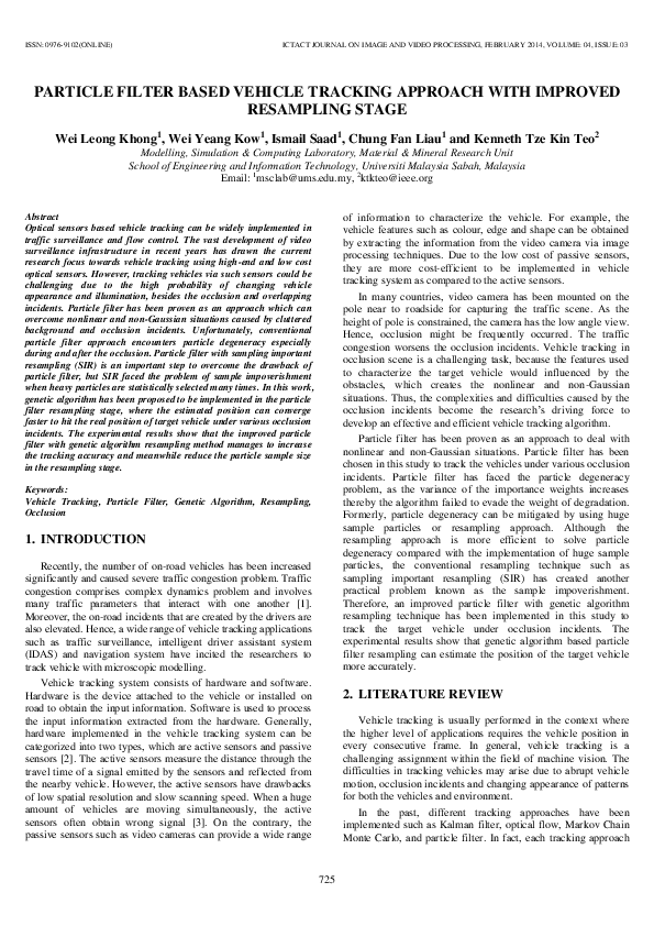 (PDF) Particle Filter Based Vehicle Tracking Approach with Improved ...