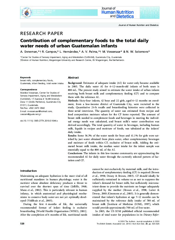 (PDF) Contribution of complementary foods to the total daily water ...