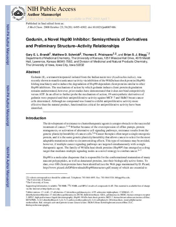 (PDF) Gedunin, a Novel Hsp90 Inhibitor: Semisynthesis of Derivatives ...