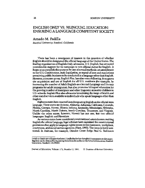 (PDF) English Only Vs. Bilingual Education: Ensuring a Language ...