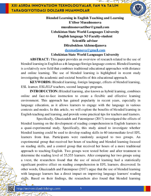 (PDF) Blended Learning in English Teaching and Learning